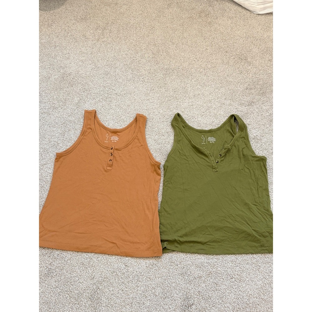 Joie Tank Top Set of 2 Ribbed Henley Sleeveless Scoop Neck Olive Brown XL